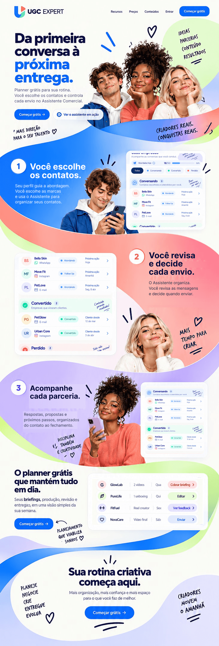 Landing aprovada da UGC Expert com três criadores, exemplos do Assistente Comercial e planner de quatro etapas.